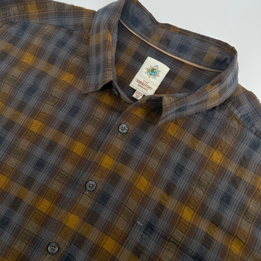 The Territory Ahead Button Down Shirt XXLT Brown Plaid Excellent Short Sleeve